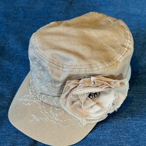 Beige Cap with Floral Embellishment